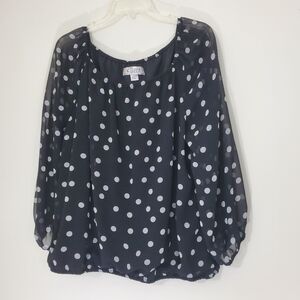 Clues Black and White Polka Dot blouse with elastic waist, Size XL